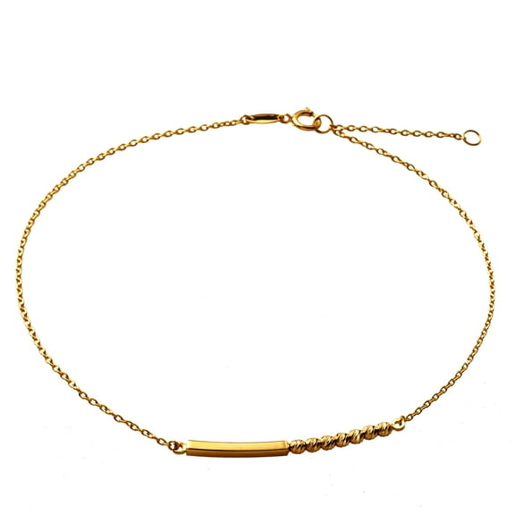 LoveBling 10K Yellow Gold .5mm Diamond Cut Beads and Bar Anklet Adjustible 9" - 10" (#75)