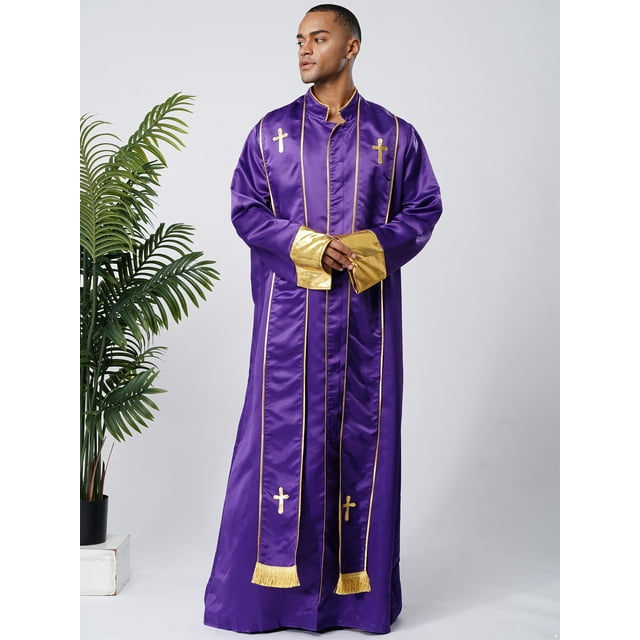 RUNQHUI Men's Priest Robe With Gold Trim And Cross Front Zip Closure For Church Worship And Cosplay Purple L