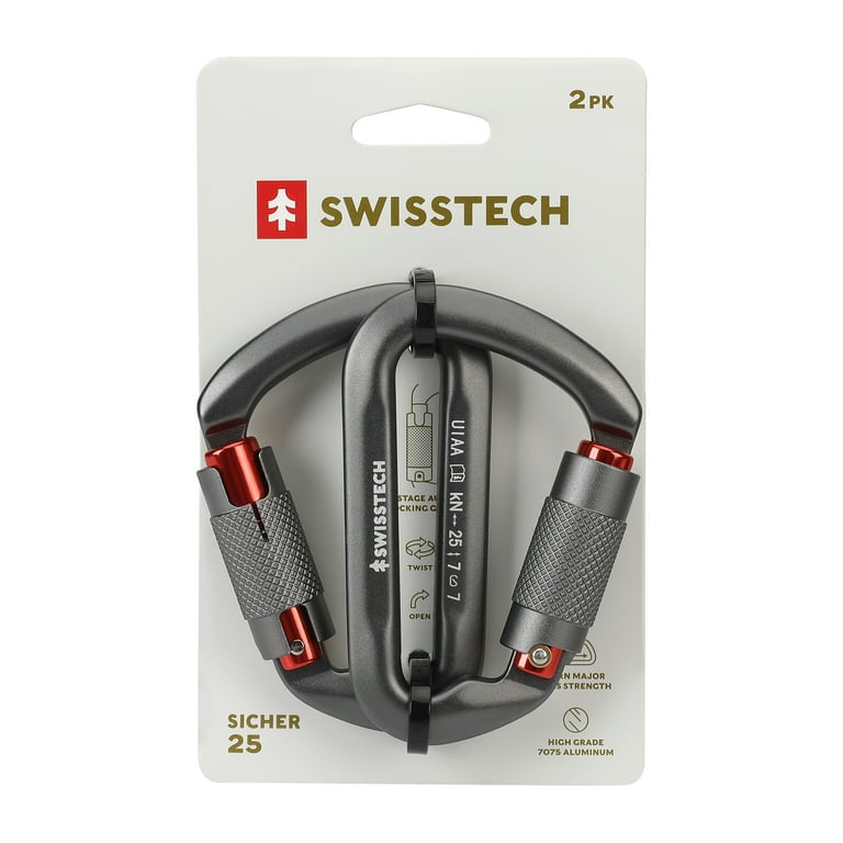 Swiss Tech 25kN Climbing Carabiners, 2 pack, Auto Locking, 7075