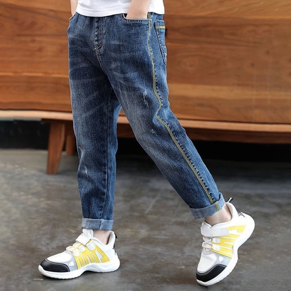 Pants for Boys Kids Classic Stretch Straight Leg Denim Jeans Adjustable Waist School Boys Blue L