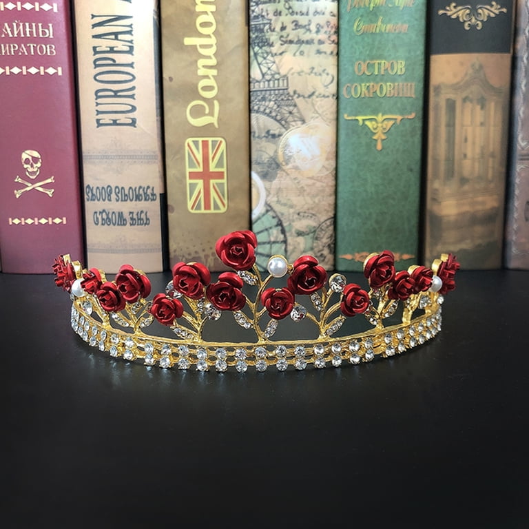 red rose flower tiara hair accessories jewelry crown crystal Amazon.com: Red Rose Tiara Bridal Wedding Crystal Crown Gold  main image 4