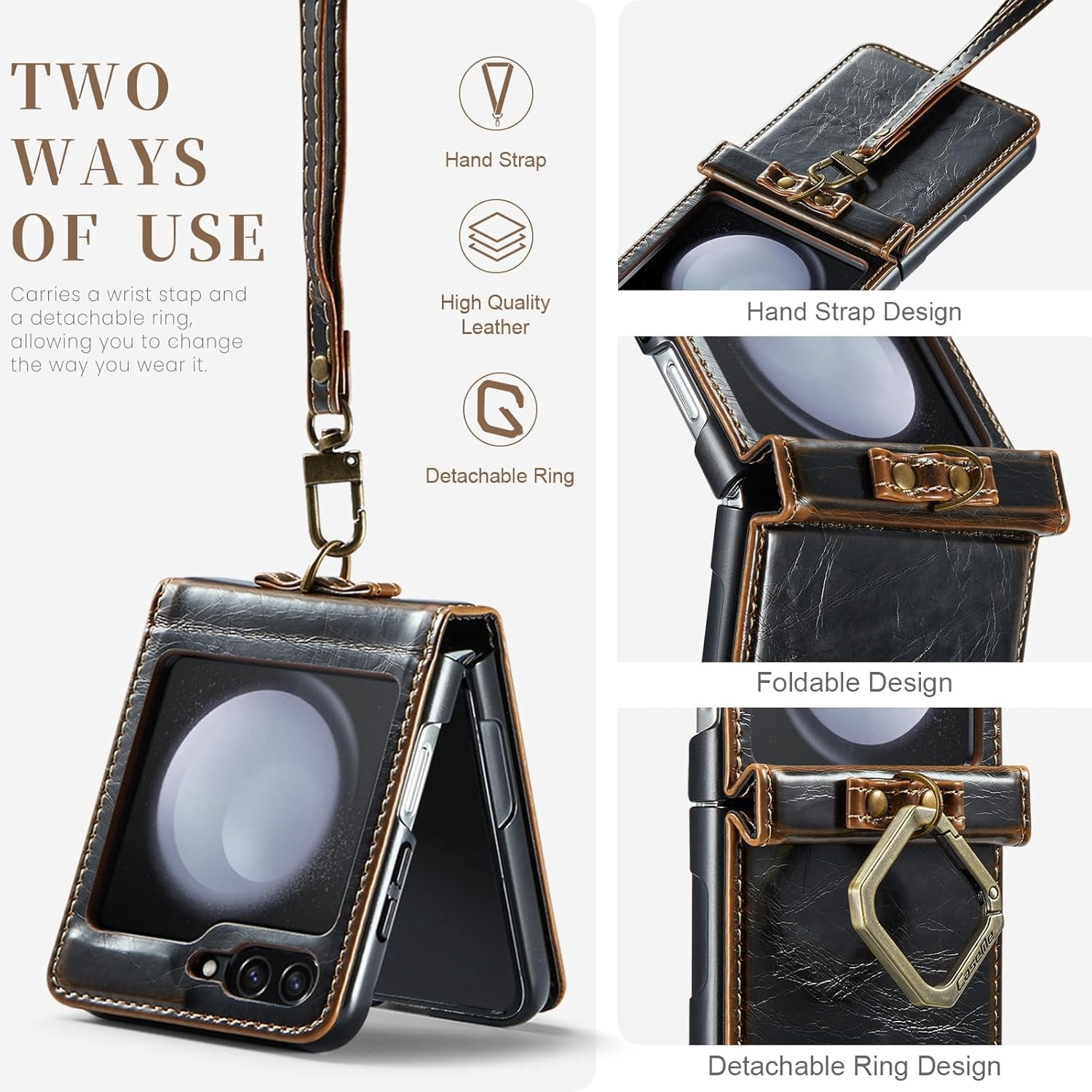 Phone Case for Samsung Galaxy Z Flip 5 5G 2023 with Lanyard Wrist Strap Thin Slim PU Leather Shockproof Hard Shell Protective Cell Cover ZFlip5 Z5 G Flip5 5Z Women Girls Coffee