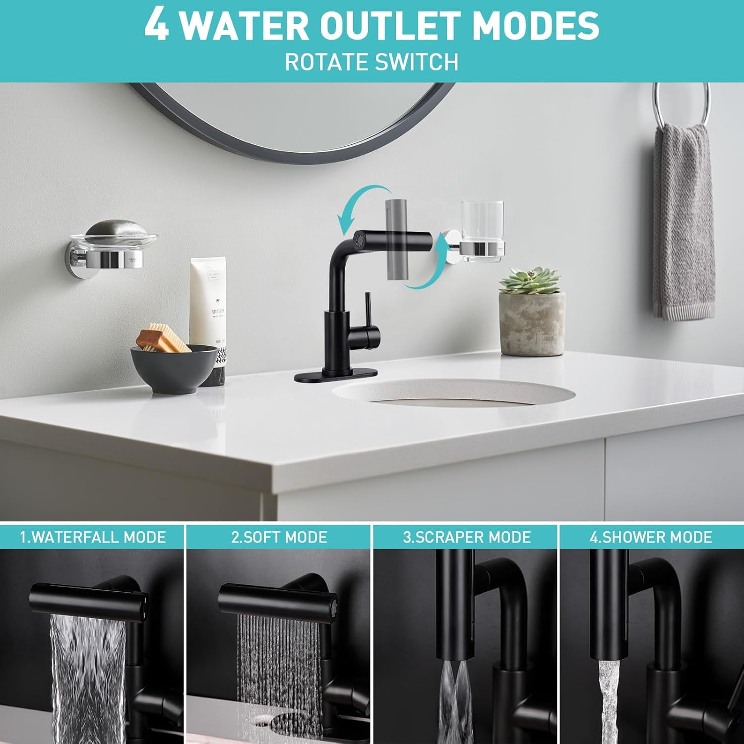 Bathroom Sink Faucet with 4 Mode Pull Down Sprayer, Matte Black Single Handle Pull Out Faucet with Pop-Up Drain, 1 or 3 Hole Laundry Bar Basin Faucet with Deck Plate