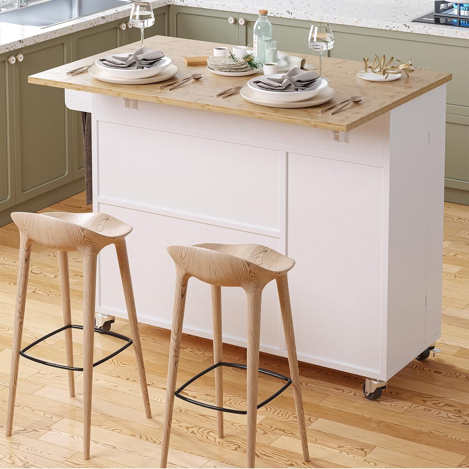 HAUXITIO 41.3" Kitchen Island with Drop Leaf,Towel Rack,Large Capacity Rolling Cart with Spice Rack and Storage,White