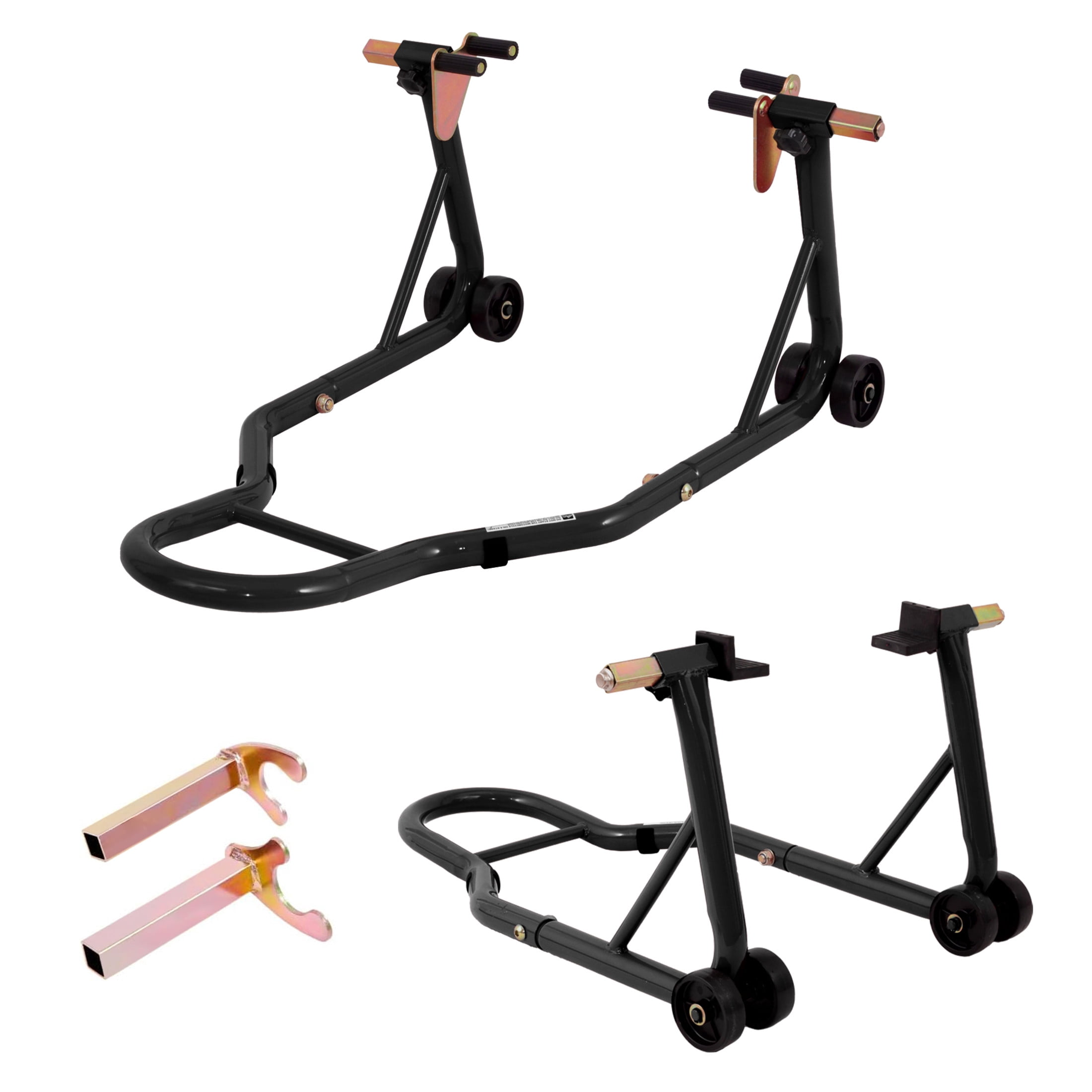Noble House Universal Motorcycle Front and Rear Lift Stand, Heavy Duty Universal Wheel Paddock Stand, Black, Set of 2