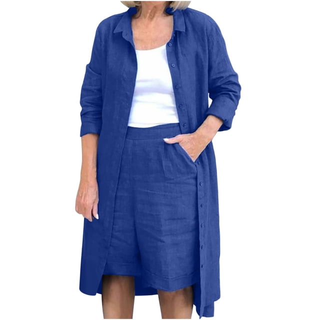 Conjunto de blusa y pantalones cortos de manga larga con cuello vuelto liso para mujer Wmkox8yi bvn4014