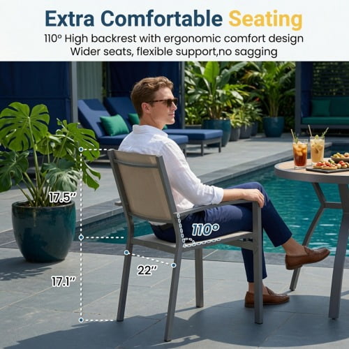 Set of 6 Heavy-Duty Metal Grey Outdoor Patio Chairs with All-Weather Textilene Mesh – 350 lbs Capacity