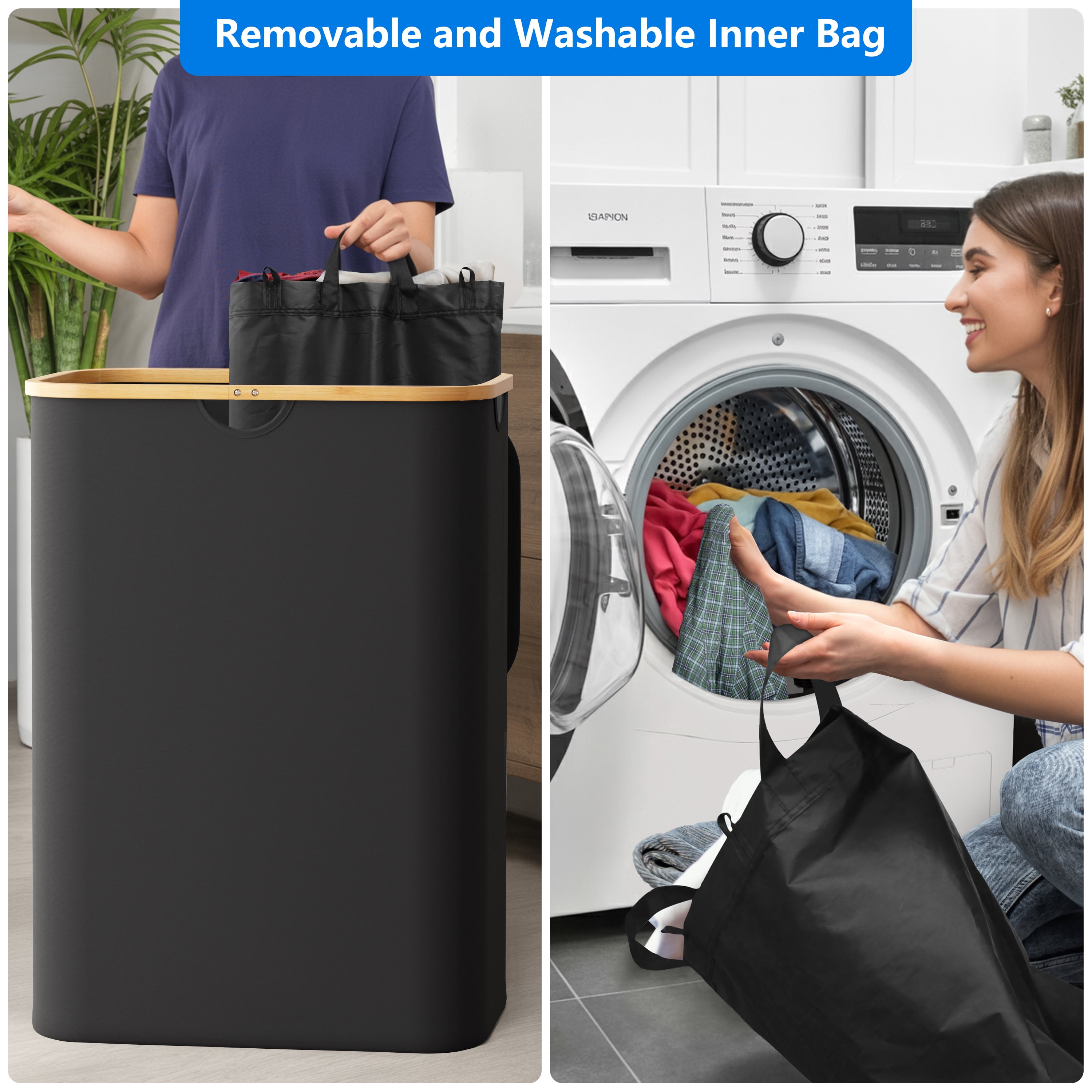 Tooloton Double Laundry Hamper 2 Section with Lid and Removable Bags, 160L Collapsible Clothes Basket with Bamboo Handles, Black, 1 Pack