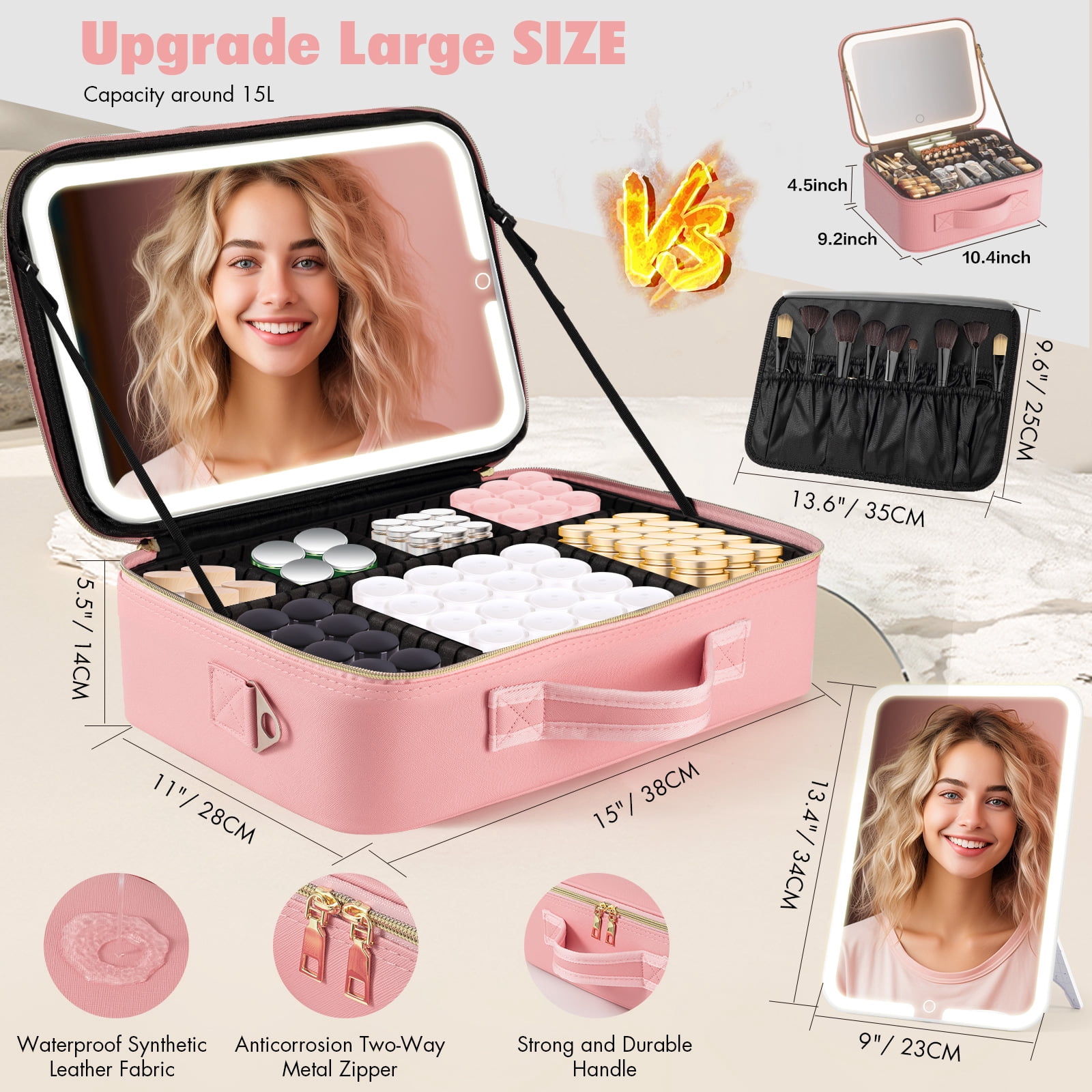 Hmggoofa Pink Travel Makeup Bag with LED Light Mirror - Large Capacity and Adjustable Dividers, Perfect for Carrying Beauty Products While On the Go