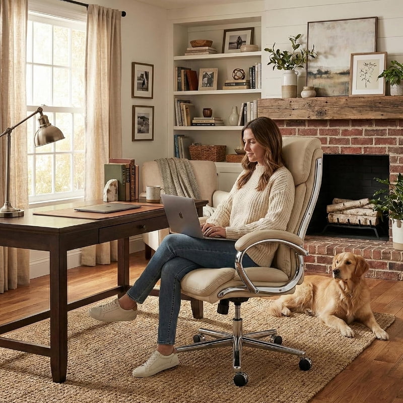 COLAMY High Back Executive Office Chair, PU Leather Computer Desk Chair with Extra Thick Padded Seat Cushion, Quiet Rubber Rolling Casters and Adjustable Tilt Tension for Home Workspace,Beige