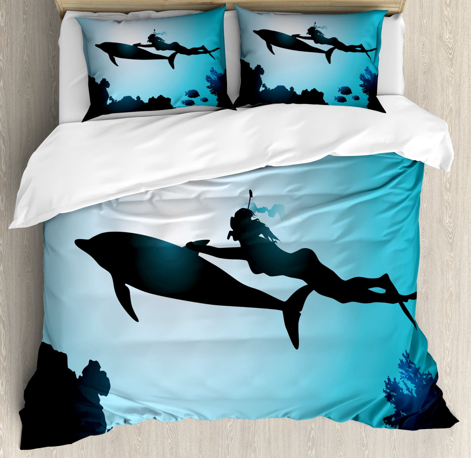 SINGLEKids Duvet Covers Blue Sea Life Dolphins Sharks Whales  Cover Bedding Sets 