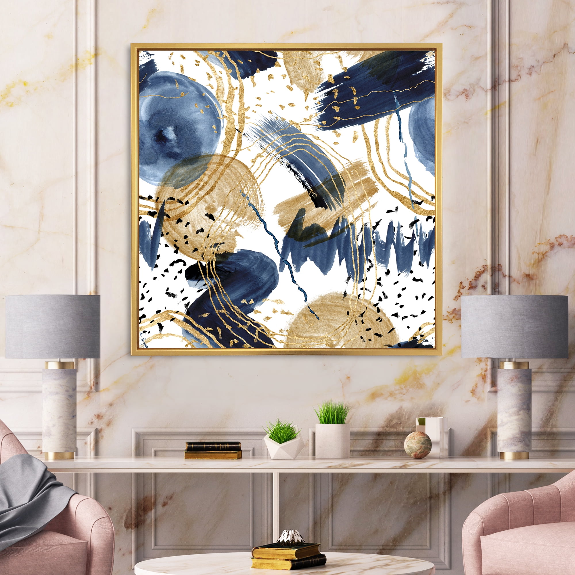 Dark Blue & Golden Textures With Abstract Pattern 30 in x 30 in Framed Painting Canvas Art Print, by Designart