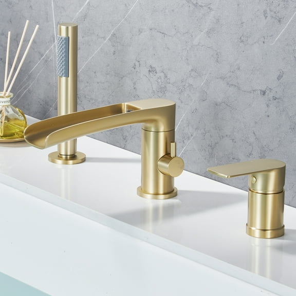 Roman Bathtub Faucet with Handheld Shower Sprayer Deck Mount 3-Hole Tub Filler Faucet Set, Brushed Gold Waterfall Roman Tub Faucet with Valve Included