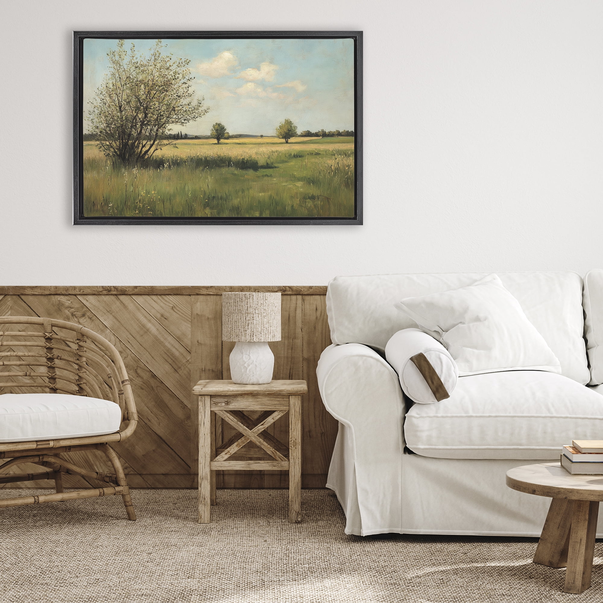 Stupell Industries Peaceful Meadow Under Serene Sky Black Framed Floater Canvas Wall Art, design by Petal Prints Design