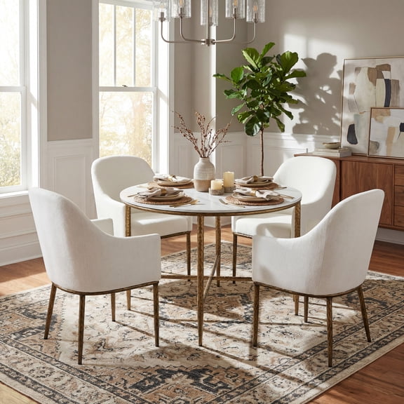 Christopher Knight Home Round Dining Set for 4, Stone Top Table with Armchairs, Metal Legs, Forged Brass