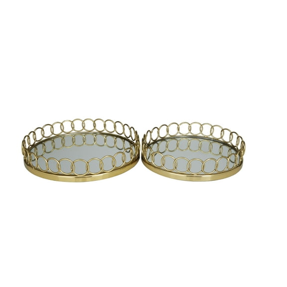 DecMode 16", 14"W Gold Stainless Steel Mirrored Tray with Circle Patterned Sides, 2-Pieces