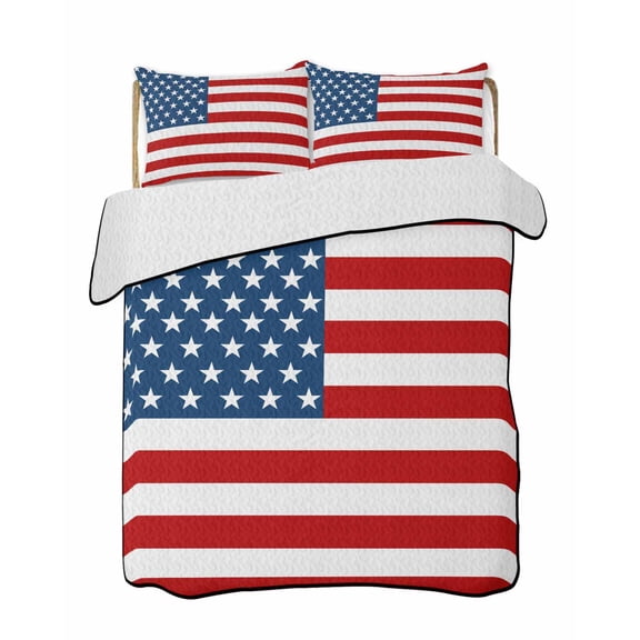 American Flag Summer Quilt Set Queen Size, Soft Microfiber Quilted Bedding Set with 2 Pillow Shams, Blue Red USA Flag Lightweight All Season Bedspread Coverlet for Bedroom 90"x96"