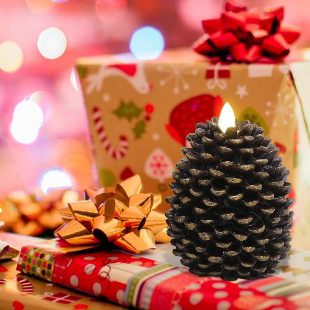 2 Pack Pine Shape Flameless Candles with Timer, Battery Operated Flickering Wick Pine Cone Candles for Holiday Indoor Christmas Decoration, Brown with Gold