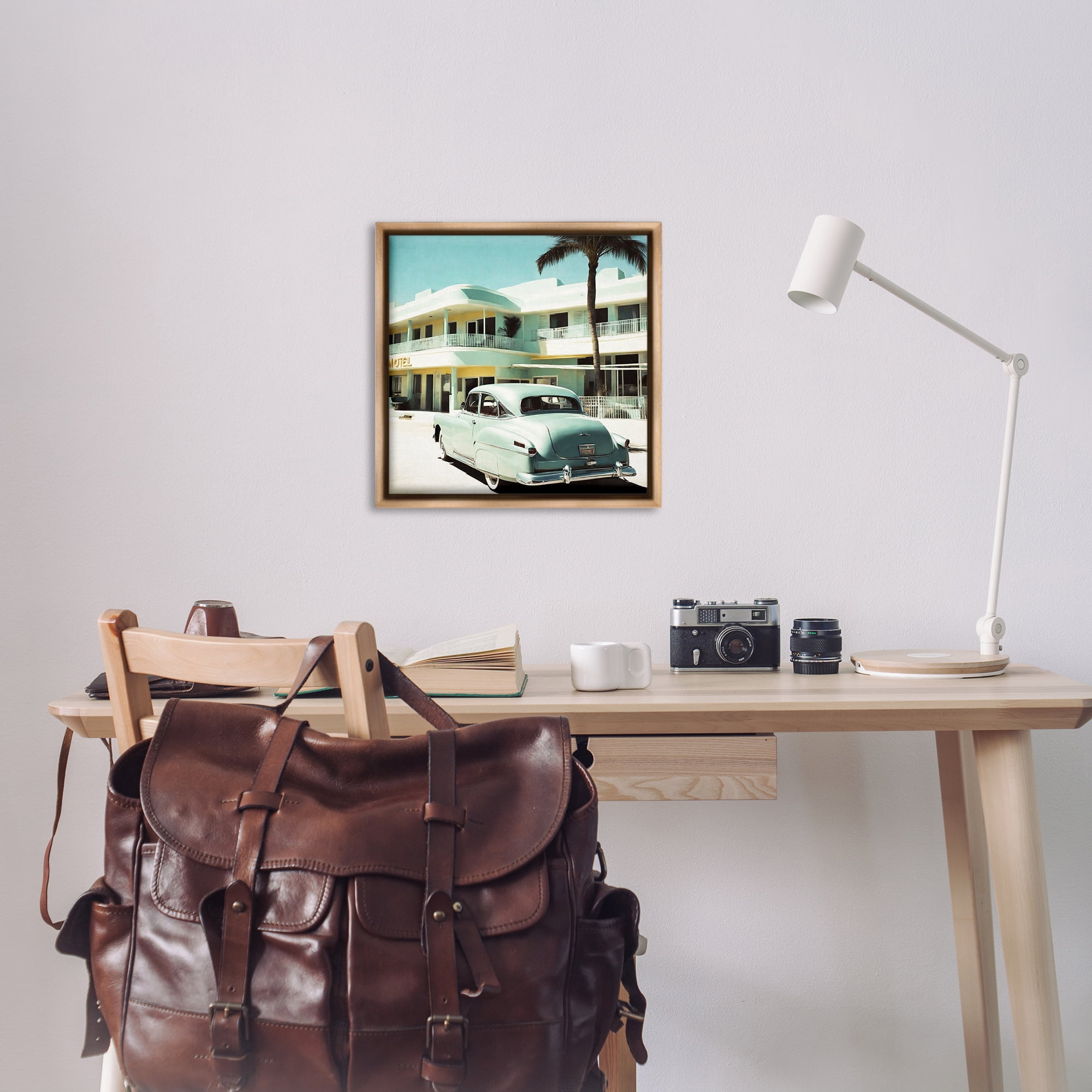 Stupell Industries Classic Car at Motel Transportation Painting Brown Floater Framed Canvas Art Print Wall Art, 25 x 25
