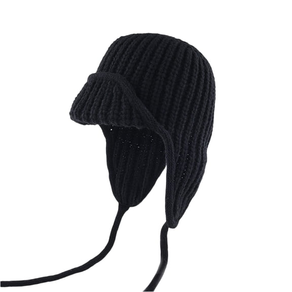 Winter Knitted Beanie with Double Braid Hats for Women Wool Ear Flaps Cold Weather Ski Daily Warm Cap Hat Black One Size
