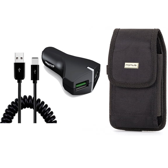 Car Charger & Case Belt Clip for iPhone 15 Pro Max - 36W Fast 2-Port USB Coiled Cable Type-C and Swivel Holster Rugged Cover A9Z for iPhone 15 Pro Max (6.7")