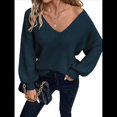 thumbnail image 1 of Suéter de Cuello en V con Hombros Descubiertos para Mujer, Camisa Ajustada de Larga, Suéter con Lazo en la Espalda Azul Real XL, 1 of 8