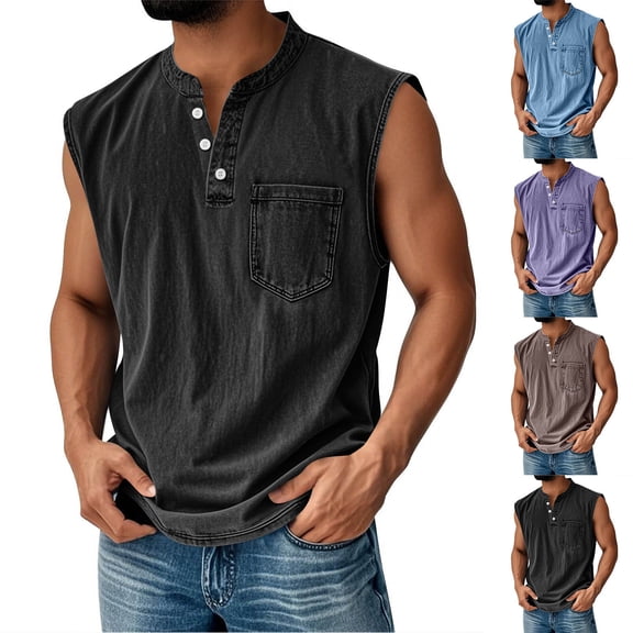 Men's Sleeveless Henley Shirts Washed Distressed Band Collar Casual Summer Beach Vacation Tops with Chest Pocket