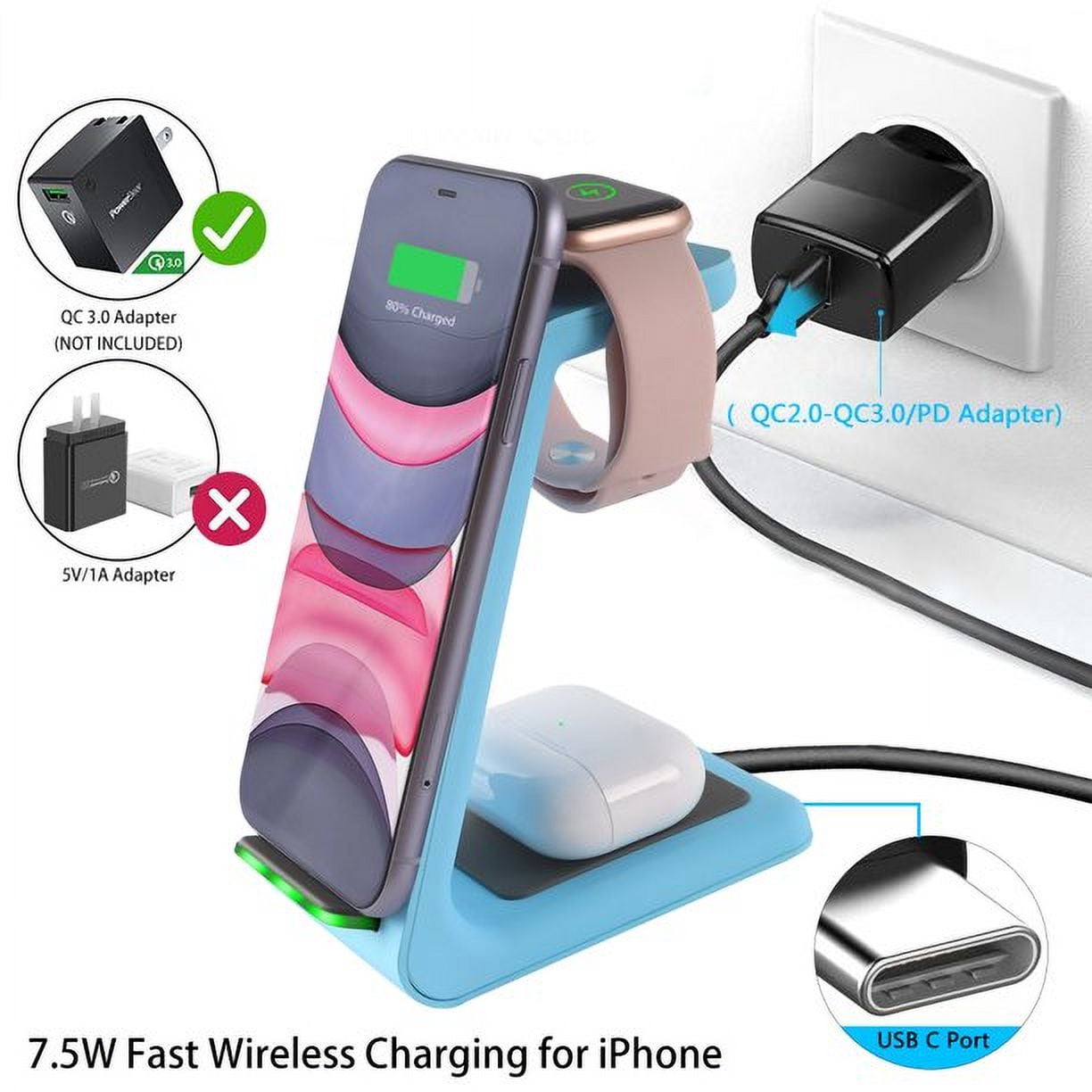 Sunffice Wireless Charger Stand 3 in 1 Qi Fast Wireless Charging station Interface for Apple Watch7/SE/6/5/4/3/2, Airpods Pro/3/2, iPhone Blue