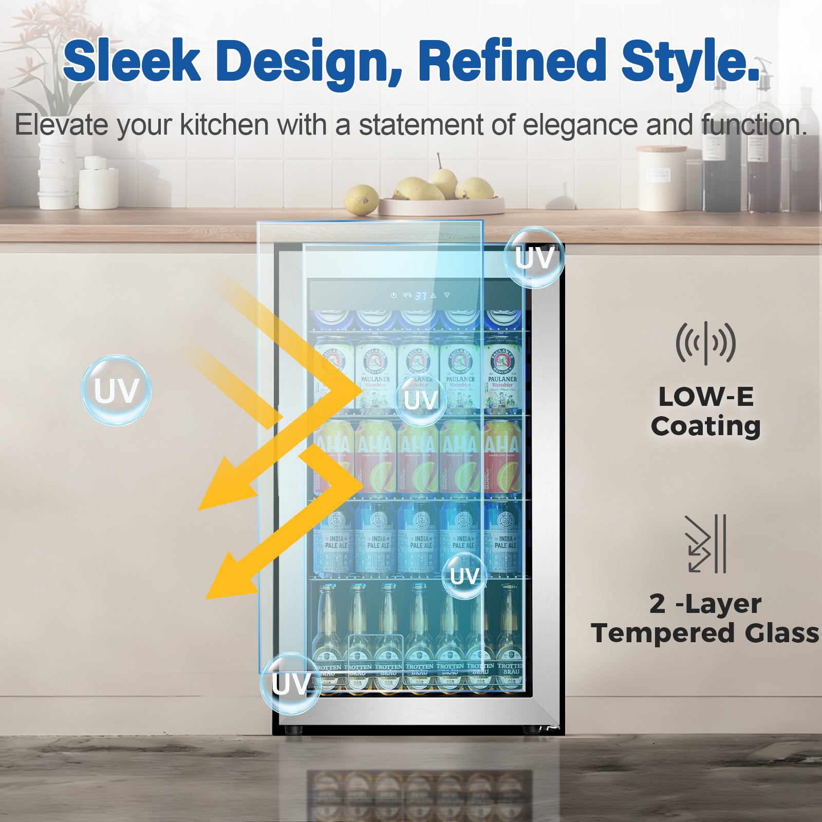 Nipus 17.52 inch Beverage Refrigerator Cooler,130 Cans Capacity  Mini Fridge with Glass Door for Soda Wine Beer, with Adjustable Removable Shelves, Silver