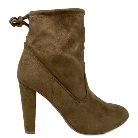 

SNJ Womens Almond Toe Drawstring Tie Chunky Bootie High Heel Pull On Ankle Boot