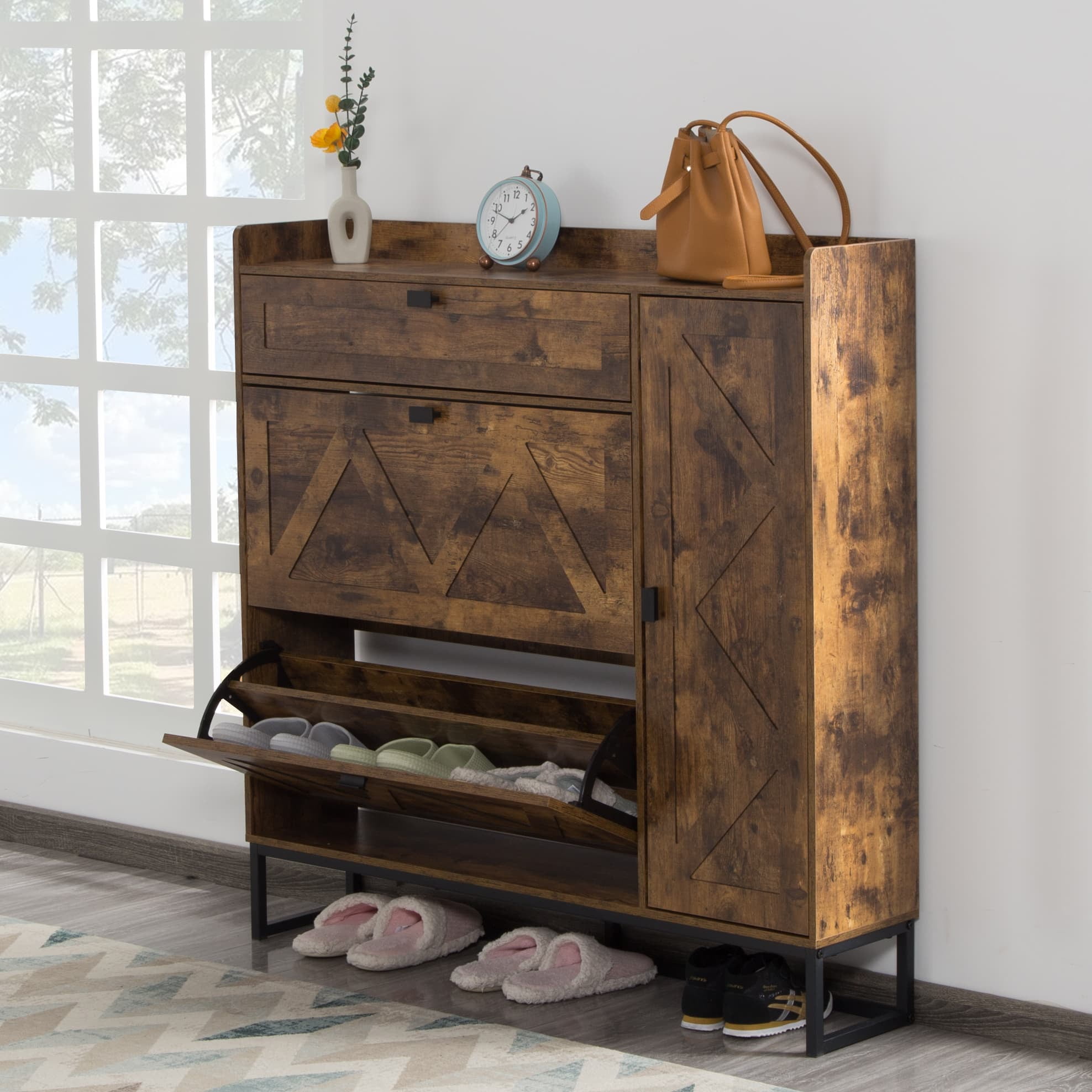 BSHTI Shoe Storage Cabinet with 2 Flip Drawers & Side Cabinet, High-Quality MDF in a Rustic Brown Finish, Adjustable & Versatile Storage, Easy Assembly