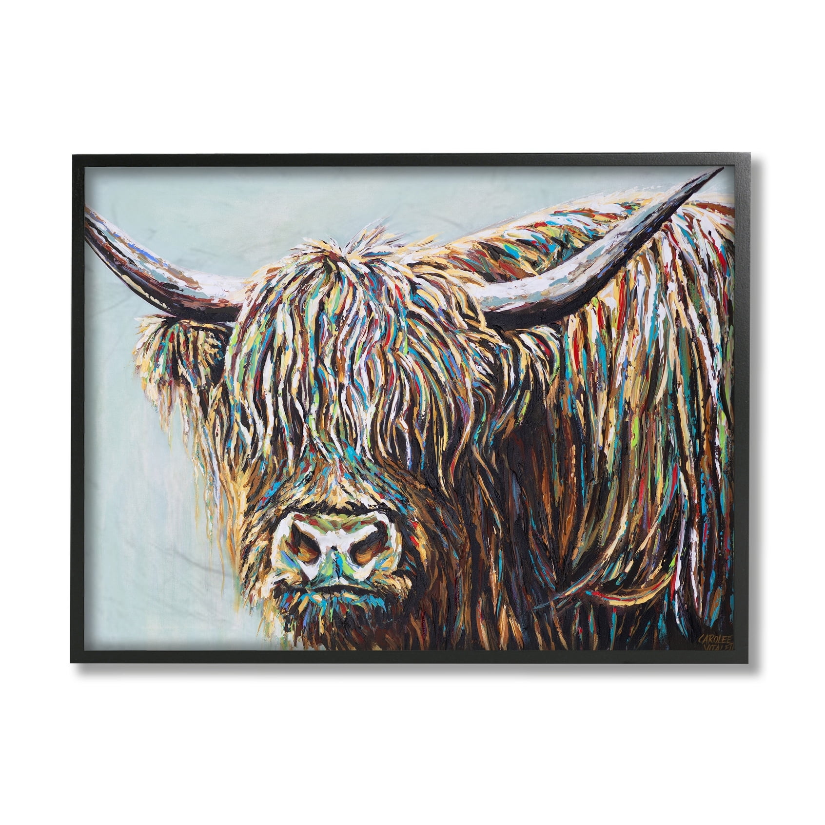 Stupell Industries Whimsical Rainbow Hair Woolly Highland Cattle Portrait Black Framed, 11 x 14, Design by Carolee Vitaletti