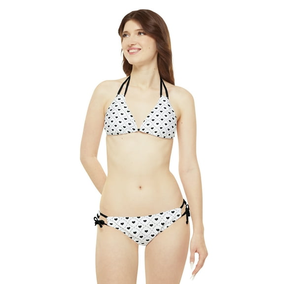 Chic and Playful: Black and White Hearts Dot Strappy Bikini Set