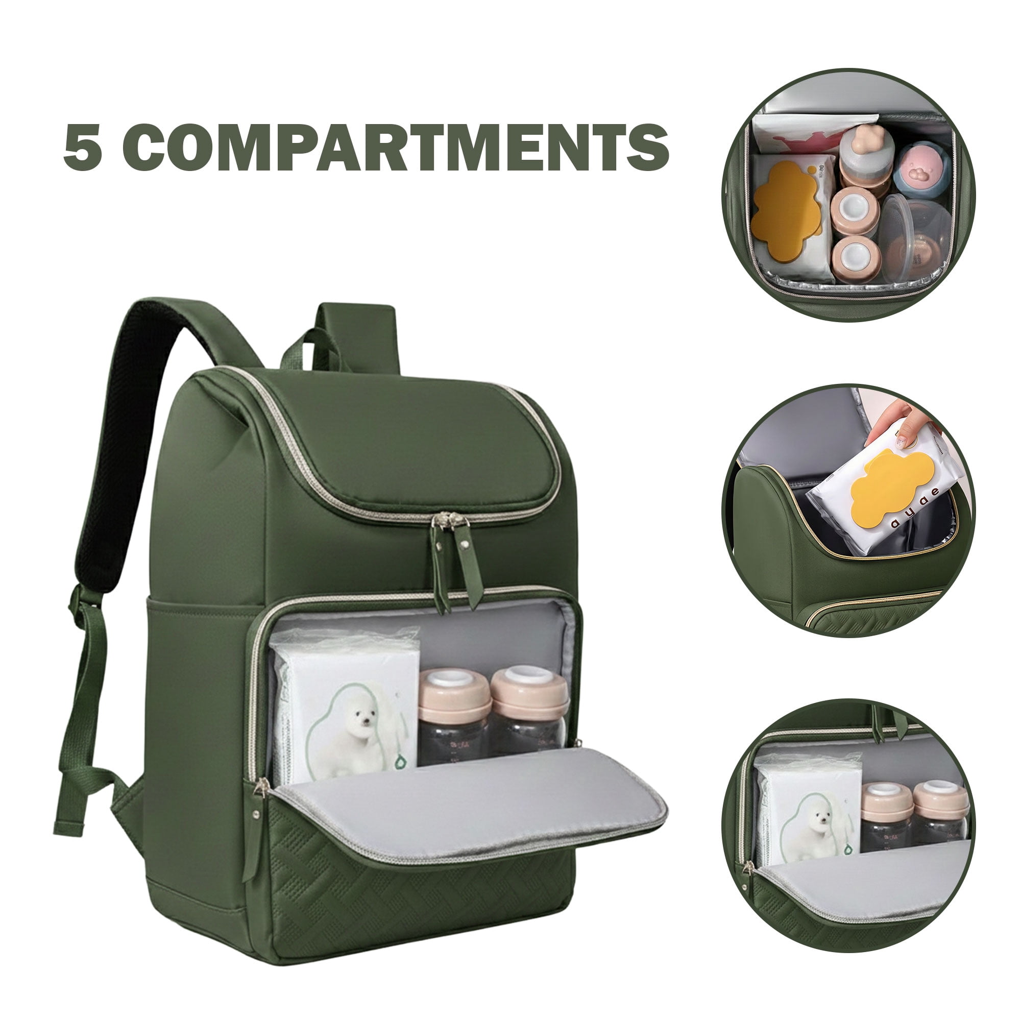 DEFAHN Diaper Backpack, 2 Thermal Pockets + Side Holders, 20L Simple Open Design,0.9lb Baby Bag for Travel & Daily Use(Green)