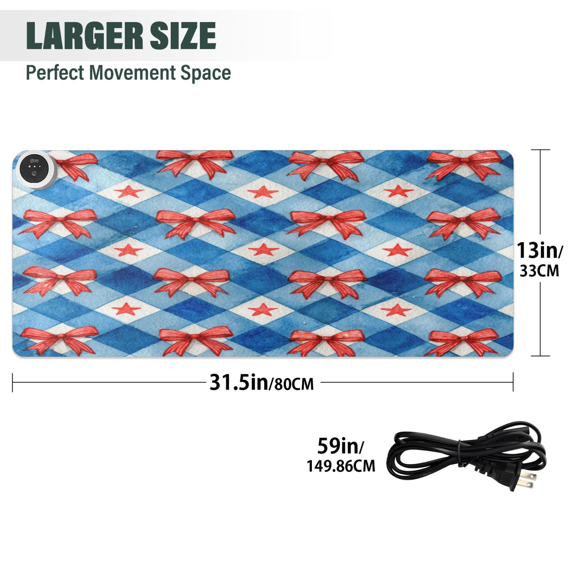 Large Heated Desk Mat Mouse Pad 31.5"x13"PU Leather Graphene Heating Desk Warmer with 3 Temperature Settings 110V US Plug Non-Slip Warm Pad for Home, Office, and Gaming Vibrant Red Bows Pattern
