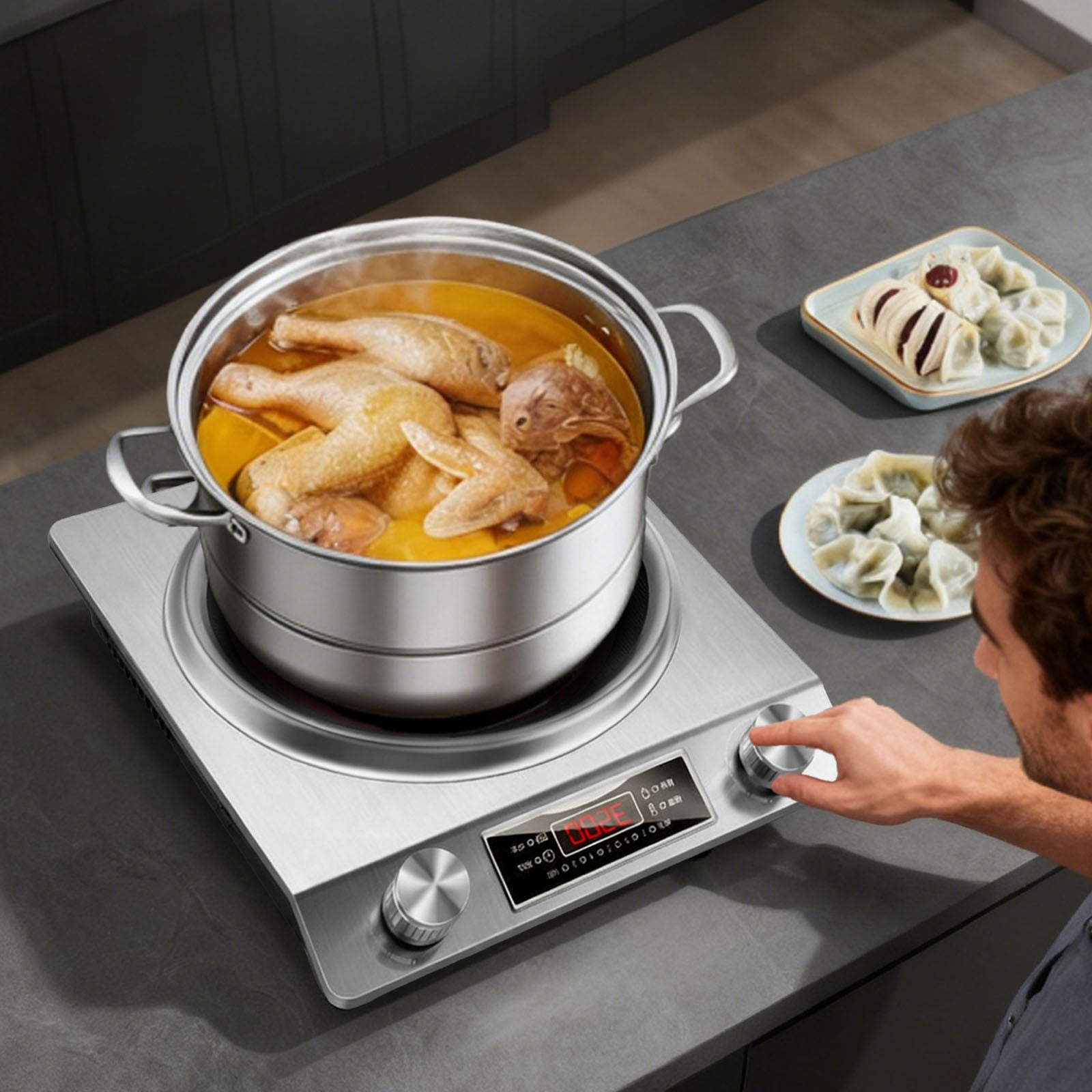 3500W Commercial Induction Cooktop - Portable Multifunctional Design with LCD Display, Knob Control, 10 Temp Settings & Concave Coil for Home/Restaurant/Food Truck,Silver