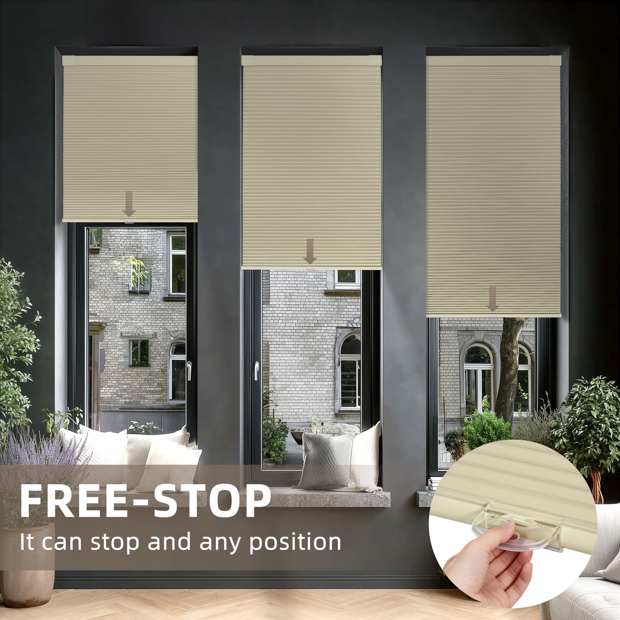 BERISSA Cordless Blackout No Drill No Tools Cellular Shades, Pull Down Window Blinds,Beige,42" W x 80" H