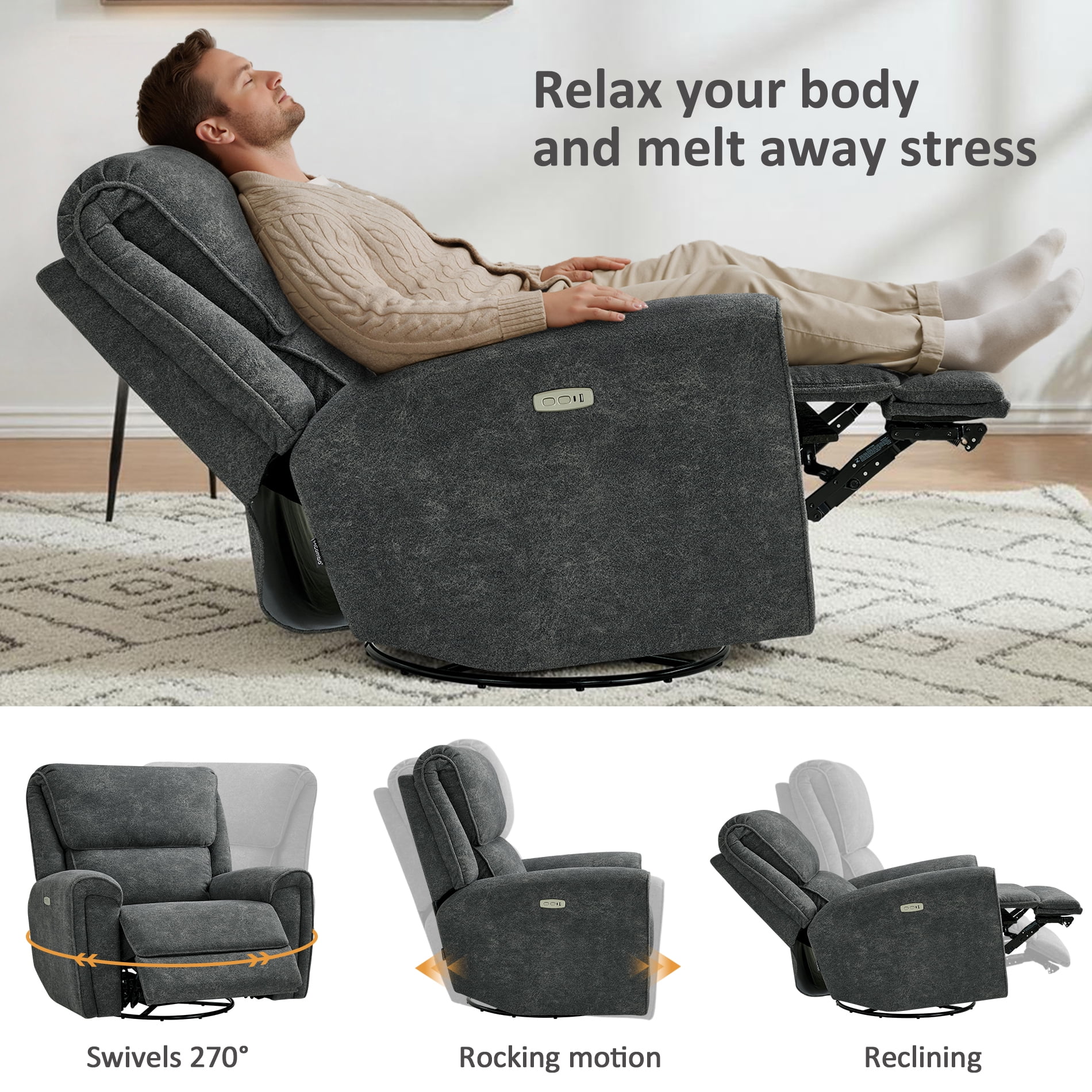 MCombo 400lbs Oversized Swivel Rocker Power Recliner Chair for Big and Tall People, Fabric, Dark Grey