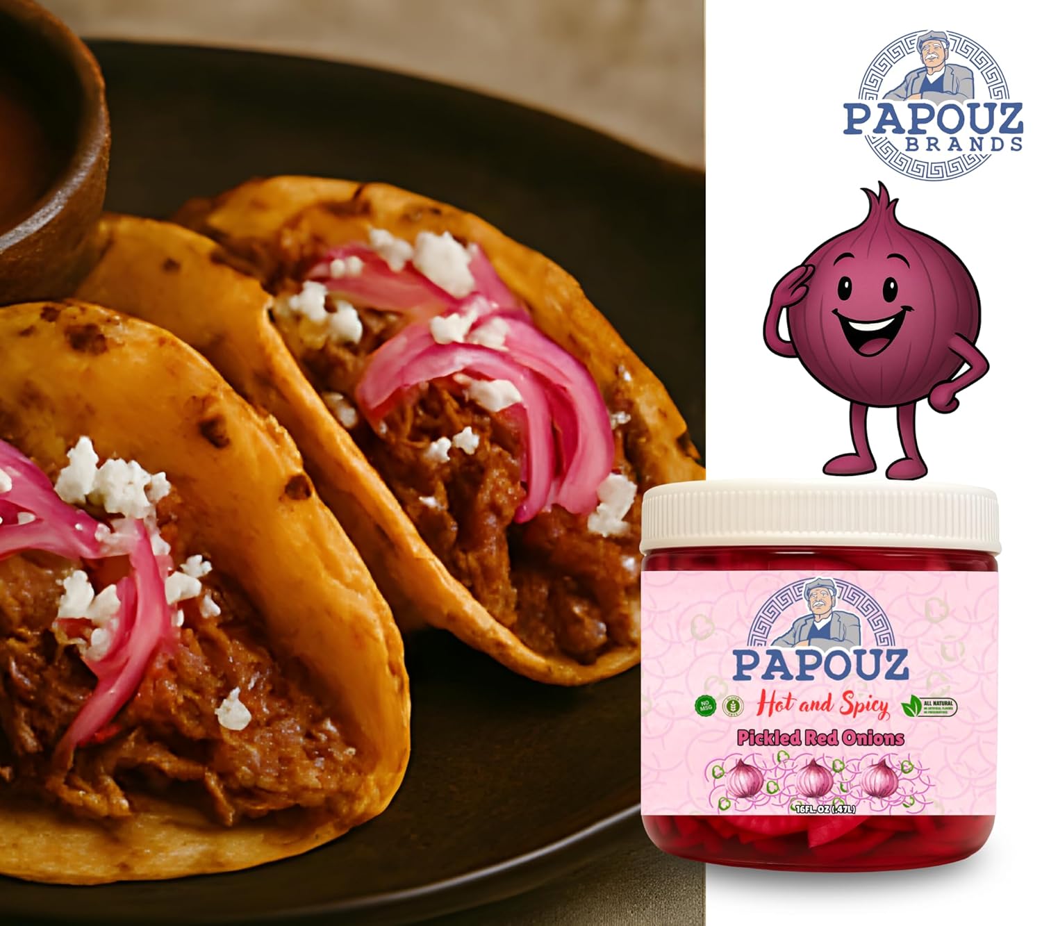 Papouz 64 Oz Hot & Spicy Pickled Red Onions Jar All Natural, Premium Red Onion & Jalapeño Blend w/ Vegetables, Low Calorie, Gluten Free, Fat Free, No Preservatives, Low Sugar