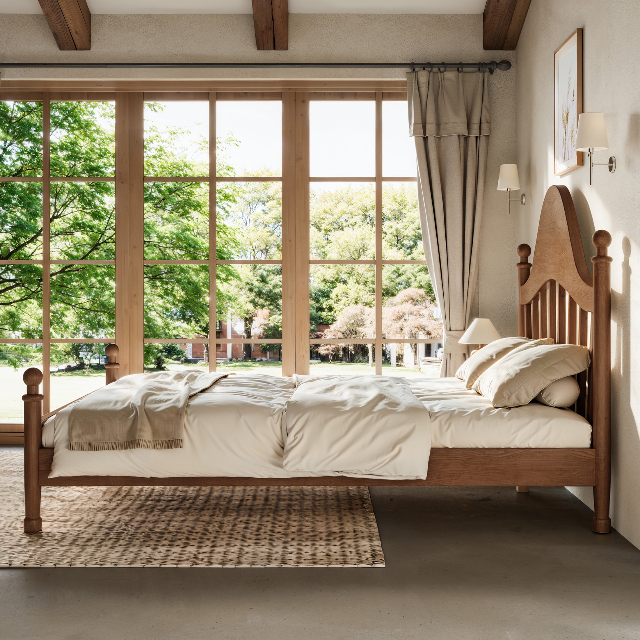 GDF Studio Full Size Platform Bed with Curved Headboard, Solid Pine Frame, Slatted Support, Antique Brown