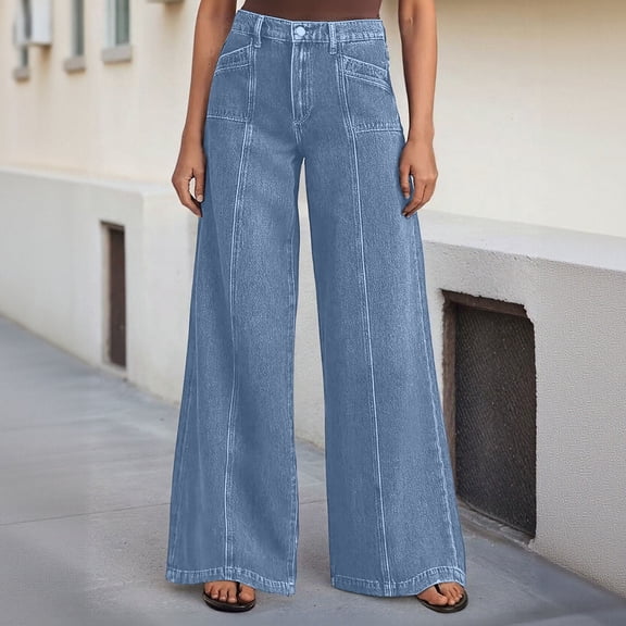 Cagogo Women Wide Leg High Waisted Jeans Pants Casual Loose Ankle Jeans with Pockets Vacation Denim Trousers Flowy Travel Lounge Bottoms, Sky Blue XL