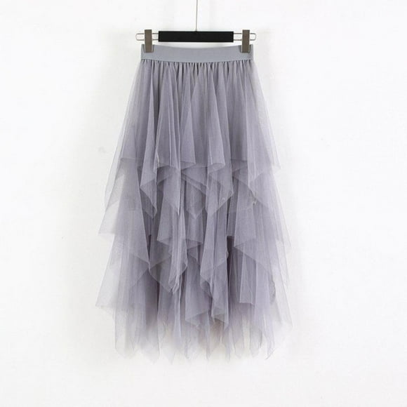 Elastic High Waist Long Tulle Skirt Women Irregular Hem Mesh Tutu Skirt Spring Party Skirt Ladies