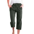 thumbnail image 2 of Petite Capris for Women with Pockets 2026 Summer Drawstring Elastic High Waist Casual Capris Straight Wide Leg Cotton Linen Pants Army Green S, 2 of 5