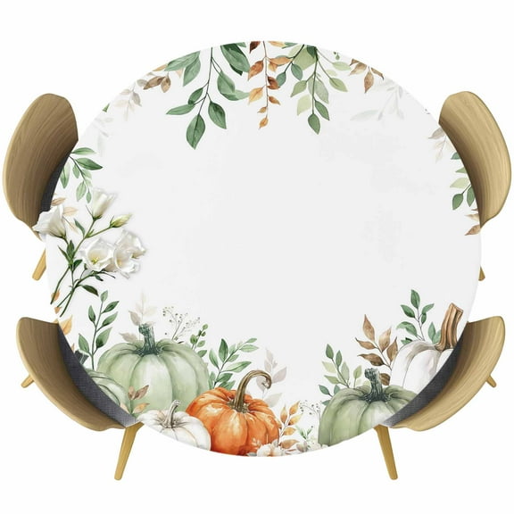 Thanksgiving Pumpkin Fitted Tablecloth with Elastic Edged, Round Table Cloth for Dining Table, Fall Sage Green Eucalyptus Flower Waterproof Oil Proof Table Cover for Indoor Outdoor 55"-60"