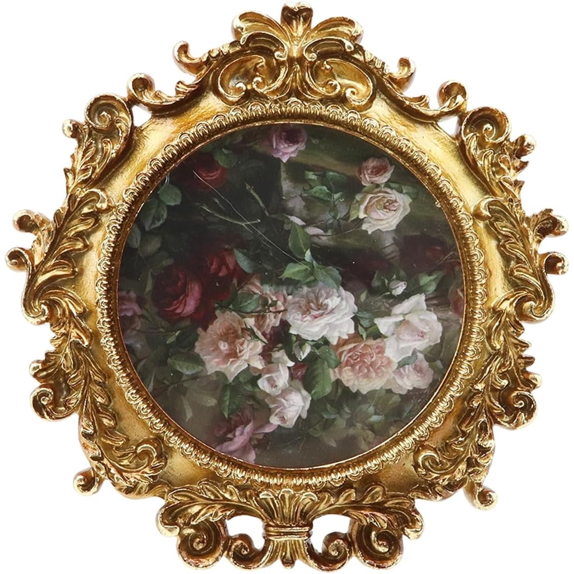 4"x4" Gold Round Small Antique Luxury Retro Floral Resin Design Picture Frame Handmade Rural Home Decoration Suitable for Wall Hanging and Desktop Gallery Murals