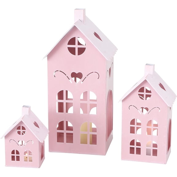 Pop Pink Town House Candle Lanterns, Set of 3, Metal, 15.75, 10.25, and 6 Inches Tall,