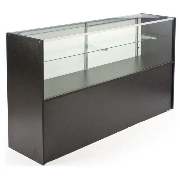 FreeStanding Glass Display Case With Black Melamine Finish, 70 x 38 x 18Inch, BuiltIn Storage