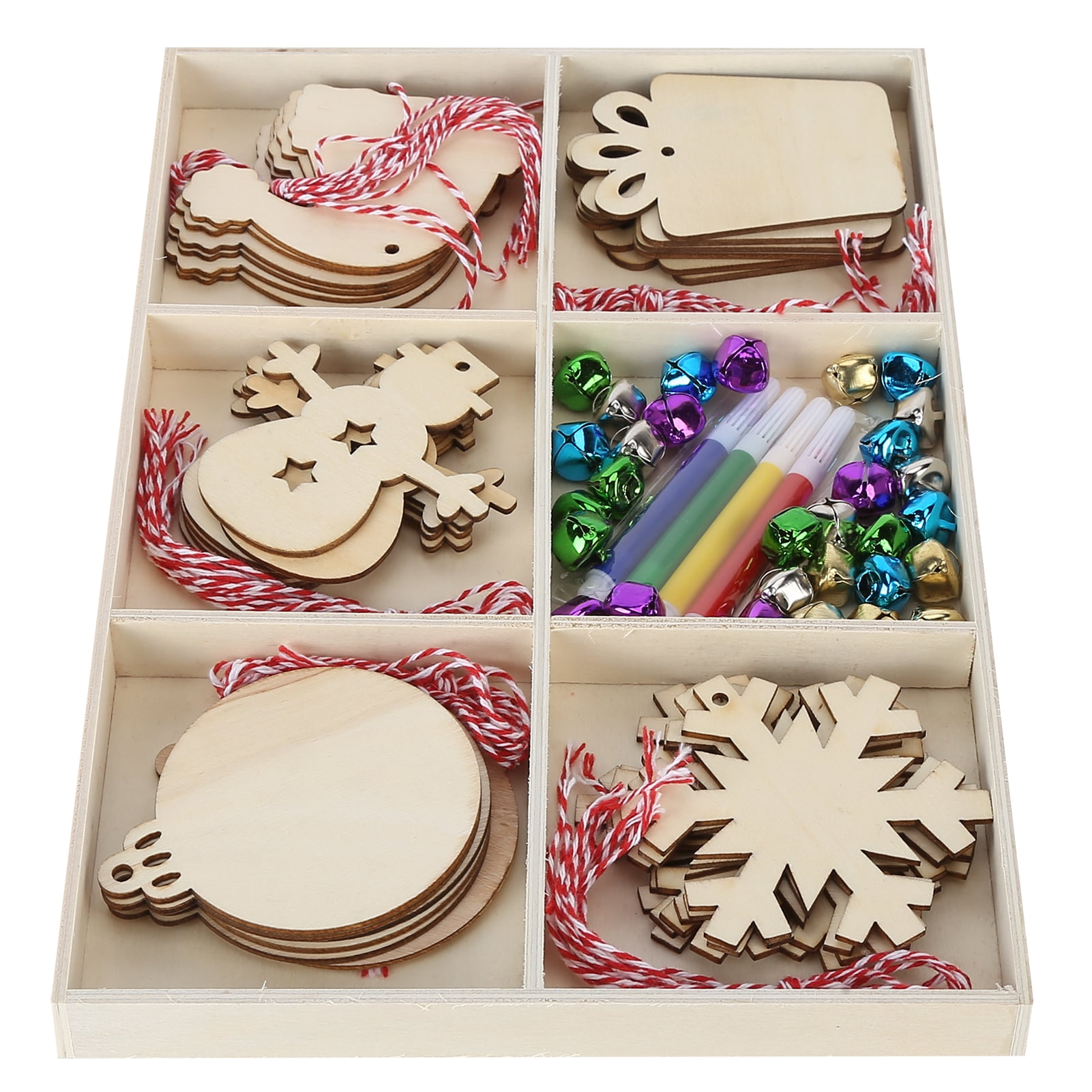 YAHHU Unfinished Wood Christmas Tree Ornaments DIY Craft Kit Wooden Slices Hanging Pendants with Bells Ropes Color Pens for Holiday Home Decoration (12.2 inches / 31 cm)