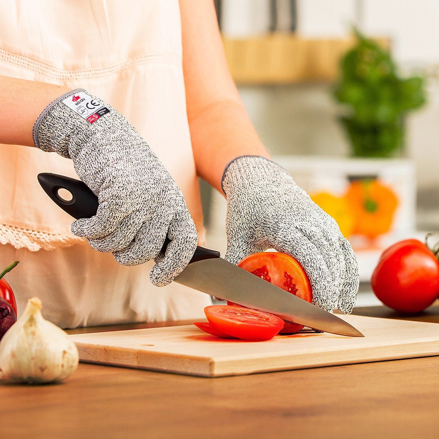 NoCry Cut Resistant Gloves Food Grade with 3 Touchscreen Capable Fingers;  Protective Kitchen Gloves for Cutting; Use Cut Gloves as Fish Gloves,  Butcher Gloves or Wood Carving Gloves, Small 