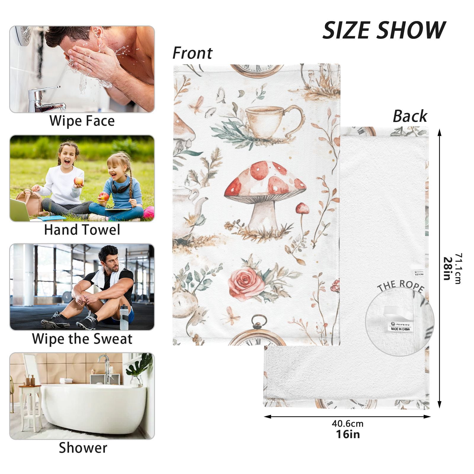 Mushrooms Roses Clocks Hand Towels Cotton Bath Towels Large Face Towels Absorbent for Bathroom 2 Packs